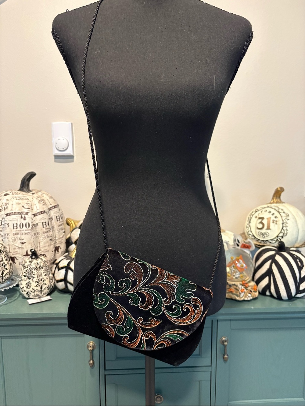 Vintage Black Velvet Crossbody Bag with Green and Copper Embroidery